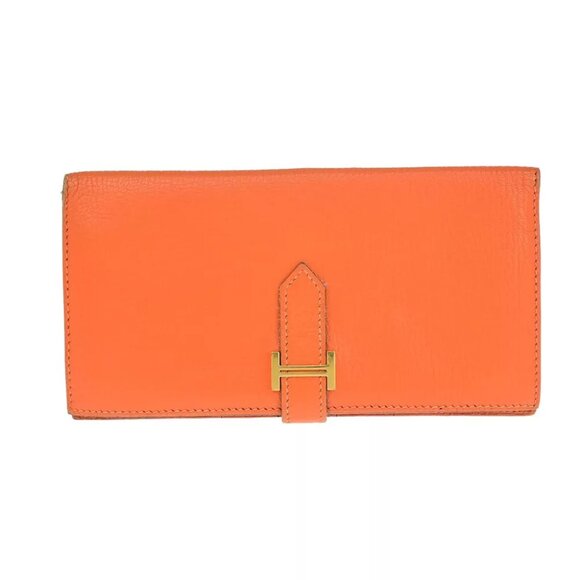 HERMES H Logo Bearn Long Bifold Wallet Purse Chevre Leather Orange